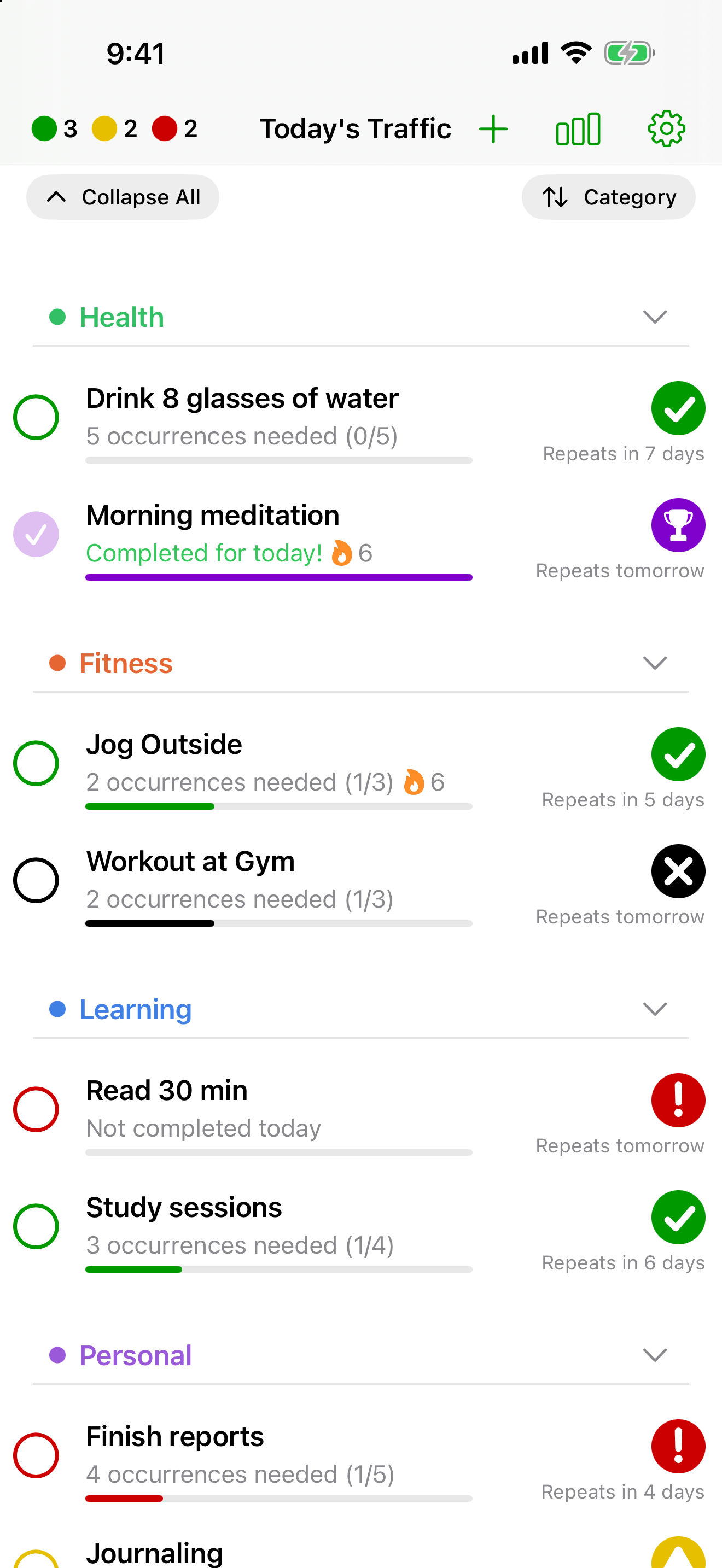 Habits grouped under colored category headings, with a collapse control