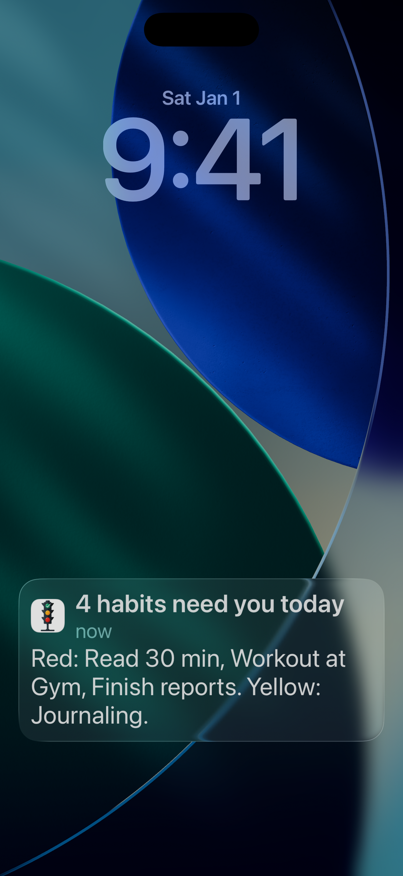Lock Screen reminder: 4 habits need you today. Red: Read 30 min, Workout at Gym, Finish reports. Yellow: Journaling.