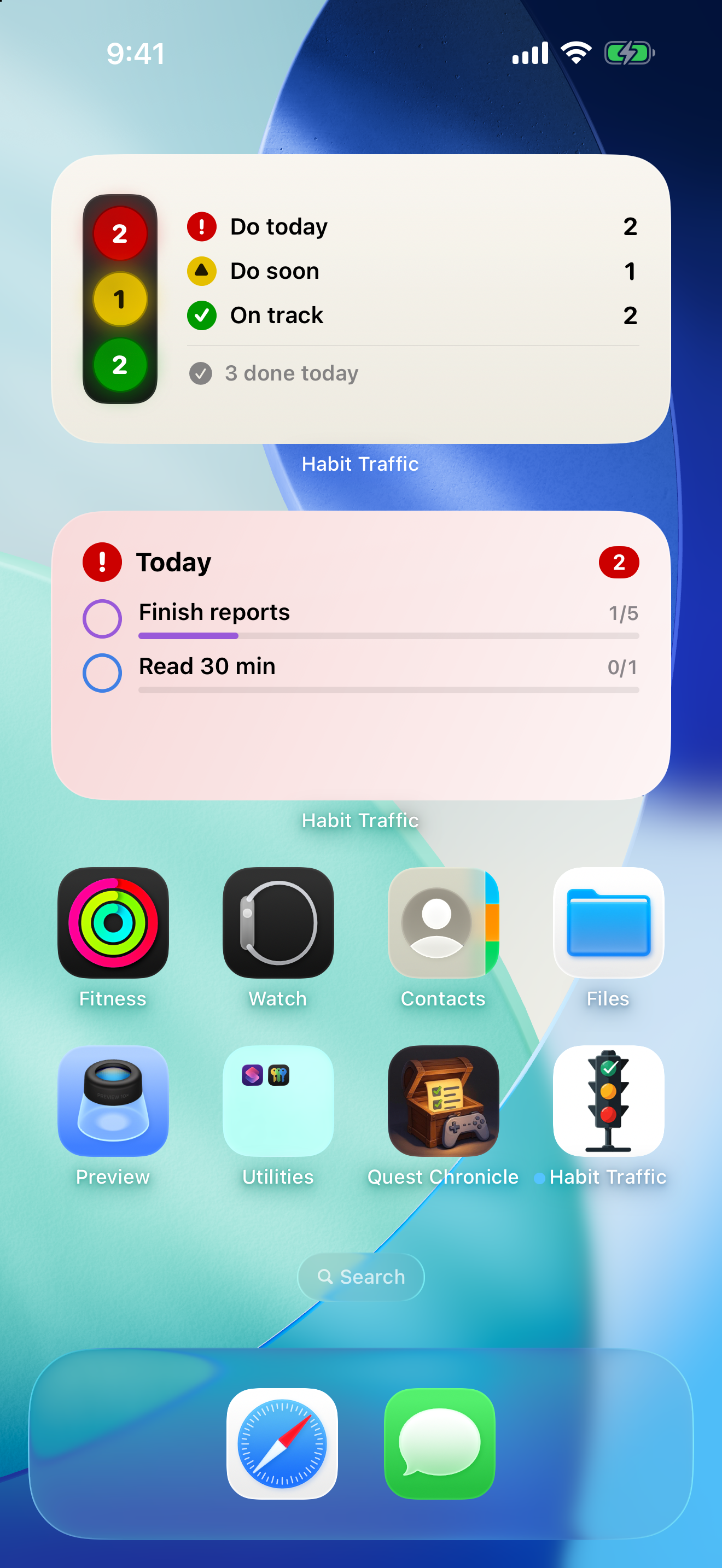 Home Screen with the Red Status widget listing Finish reports and Read 30 min, beside the Habits at a Glance widget