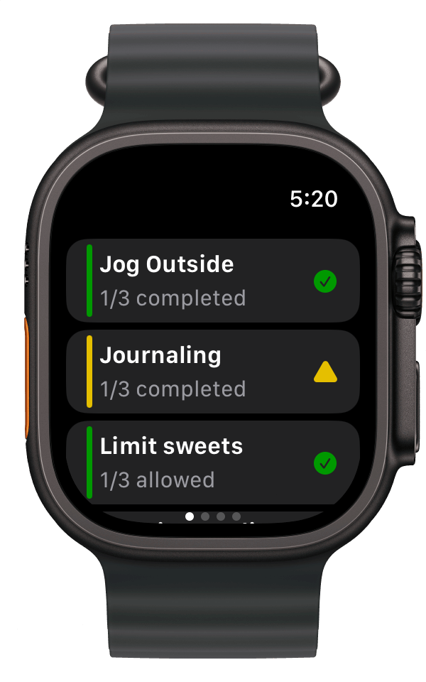 Habit Traffic on Apple Watch, showing three habits with green and yellow status